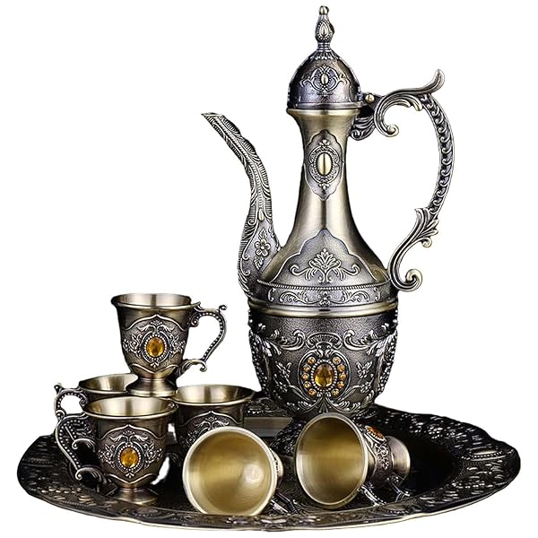 VINTAGE TURKISH COFFEE POT AND CUPS SET,TEA SERVICE SET INCLUDING TEAPOT,TEA TRAY AND METAL CUPS FOR WINE CABINET DECOR,WEDDING ORNAMENTS (BRONZE WITH YELLOW CRYSTAL)