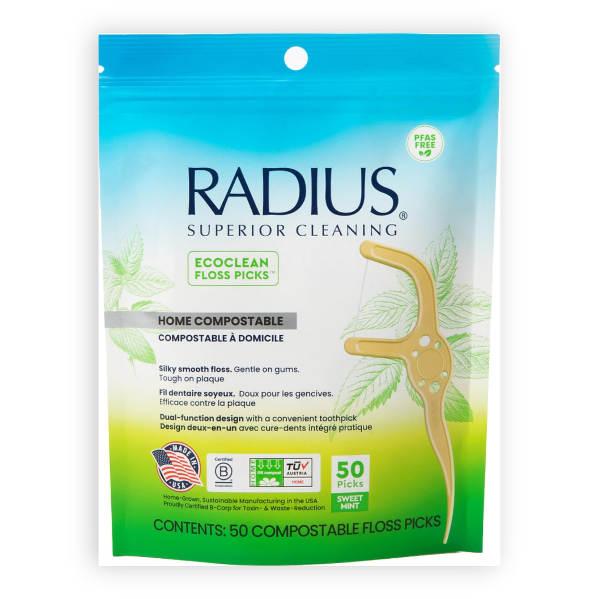 RADIUS EcoClean Floss Picks, Compostable Dental Floss Picks with Built in Toothpick, Silk and Cotton Floss, PFAS Free, Made in USA, Sweet Mint, 50 Count, Pack of 1