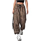 OYOANGLE Women's Leopard Print Drawstring Elastic Waist Jogger Pants Y2k Loose Casual Sweatpants