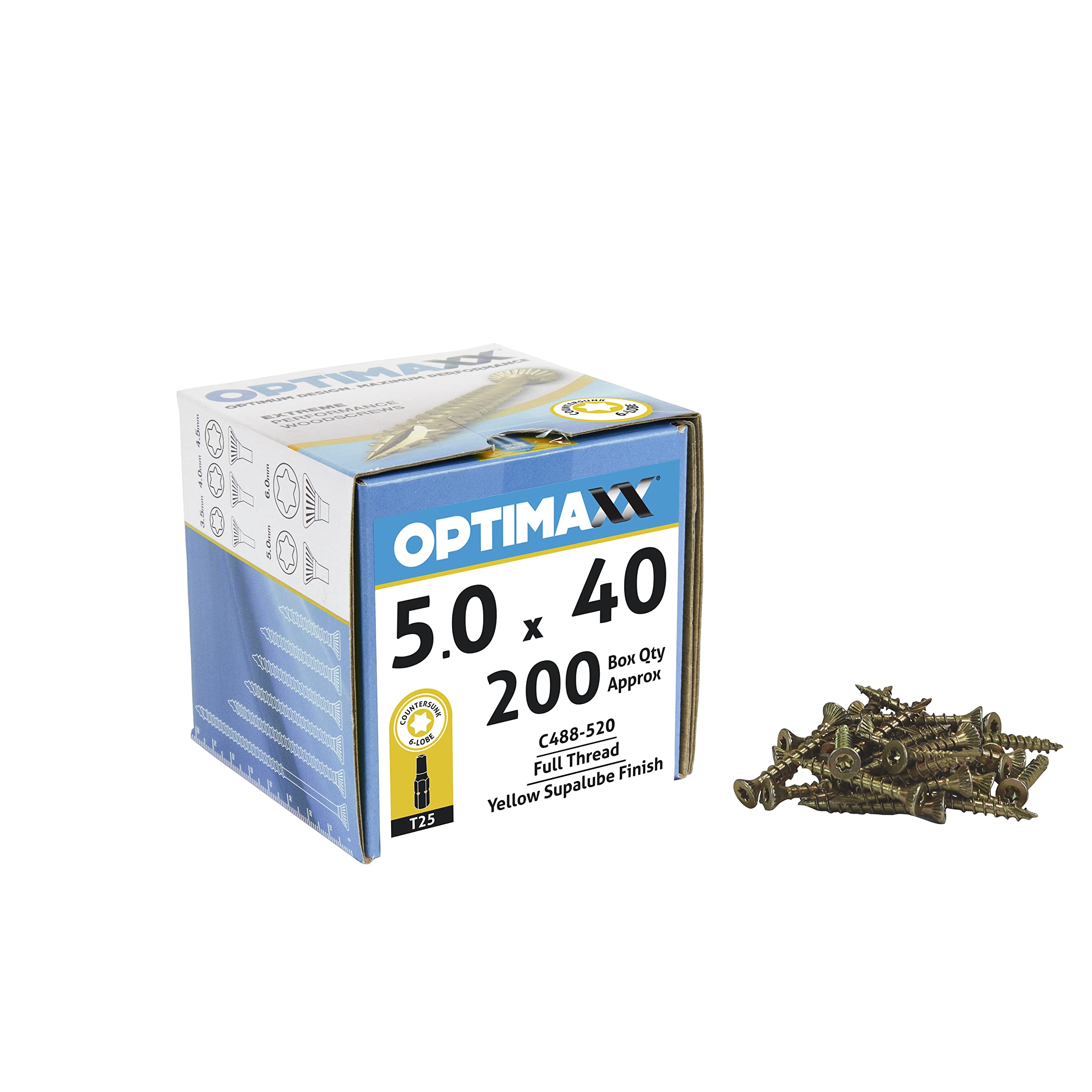 OPTIMAXX Torx Drive Woodscrews - 5.0 x 40mm - Box of 200 - Zinc - Double Reinforced Collar With Countersink - Razor Sharp Saw-Tooth Formation