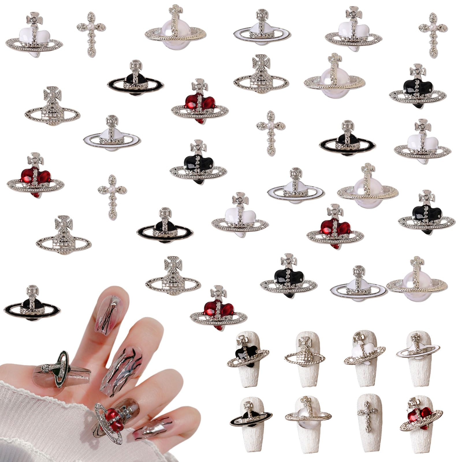 Planet Nail Art Charms, 32 Pcs Silver Planet Nail Charms Nail Gems Cross Nail Rhinestones Luxury Nail Jewelry Accessories for Women Girls DIY Jewelry Making Nail Decorations (Silver B)