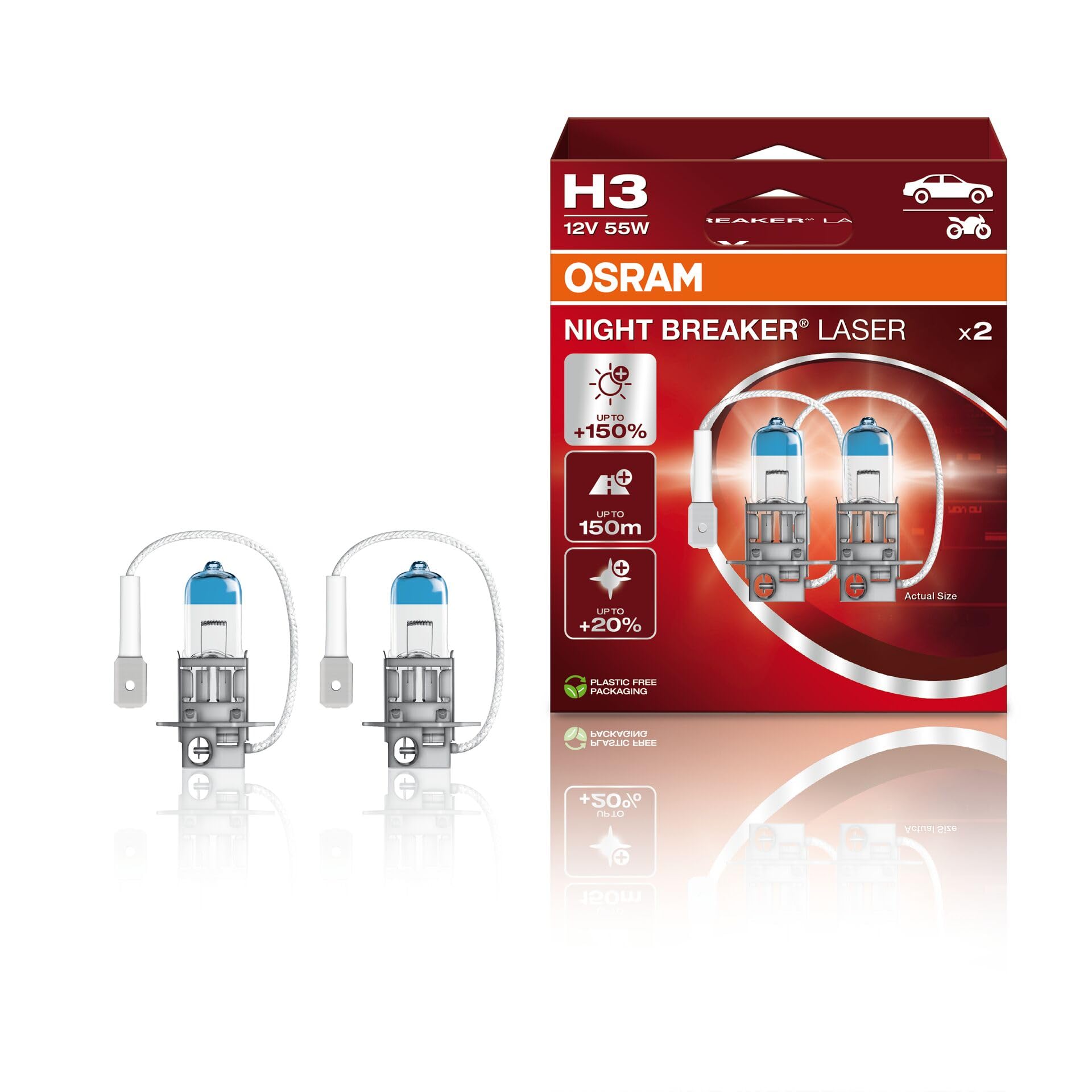 OSRAM NIGHT BREAKER Laser H3, Next Generation, +150% More Brightness, Halogen Headlamp, 64151Nl-Hcb, 12V, Passenger Car, Duo Box (2 Lamps)