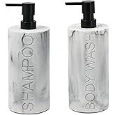 Indecor Home Marble Resin 2 Piece Shampoo and Body Wash Dispenser Set, Luxurious Refillable Pump Bottles with Matte Pump Top and Embossed Text, Durable Design for Bathroom and Shower