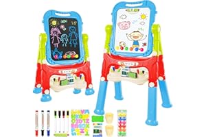 AMAGOING Amogoing Easel for Kids, Adjustable Standing Art Easel for Toddler, Double Magnetic Drawing Board with Painting Accessories, Gift for Little Boys and Girls Age 3 4 5, Blue