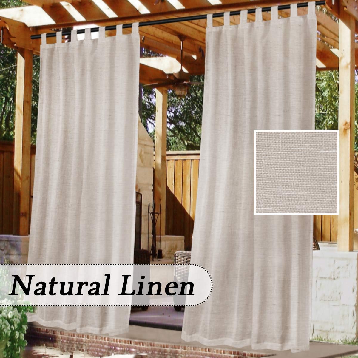 Outdoor Curtains - Outdoor Linen Sheer Curtains for Patio Waterproof - Indoor/Outdoor Divider Privacy Added Light Filtering Porch Decor with Detachable Self-Stick Tab Top for Gazebo/Cabana, Natural, 1 Piece, W52 x L95