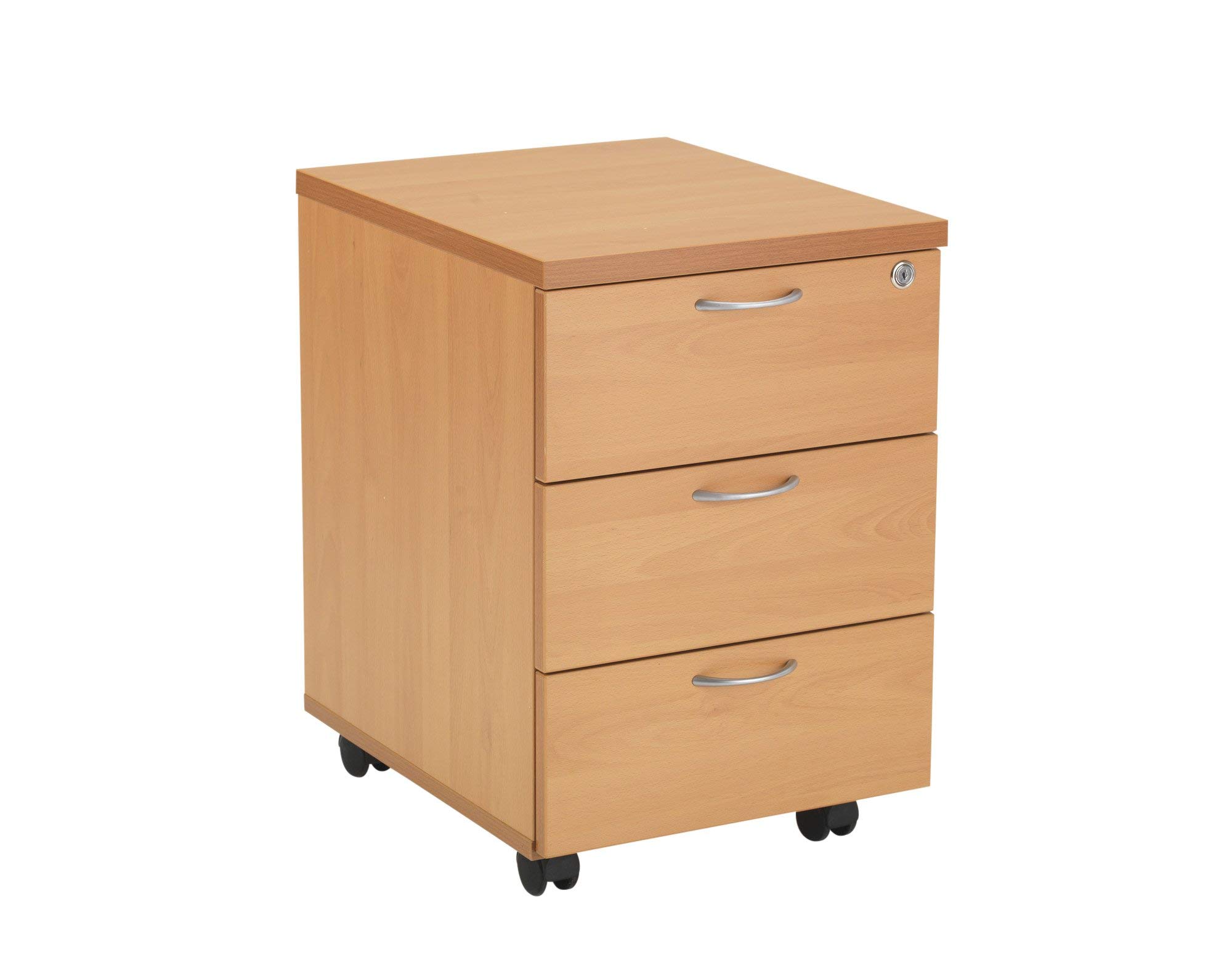 Office Hippo Heavy Duty 3 Drawer Mobile Pedestal Storage Cabinet, Office Storage with Beech Wood Finish, with Anti-Tilt Mechanism & Lockable Storage, 5 Year Wty By Office Hippo - Beech