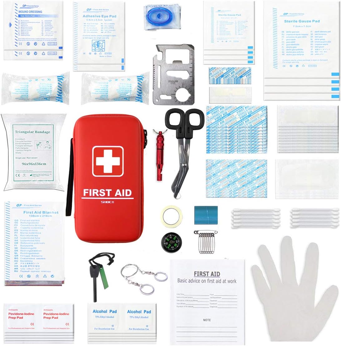 SHBC Compact First Aid Kit (139 Piece) Adventure Medical Kits Waterproof- Includes Emergency Blanket, Fire Starter, Compass, Wire Saw for Survival, Home, Car, Camping, Hiking, Hunting, Sport: Health & Personal Care