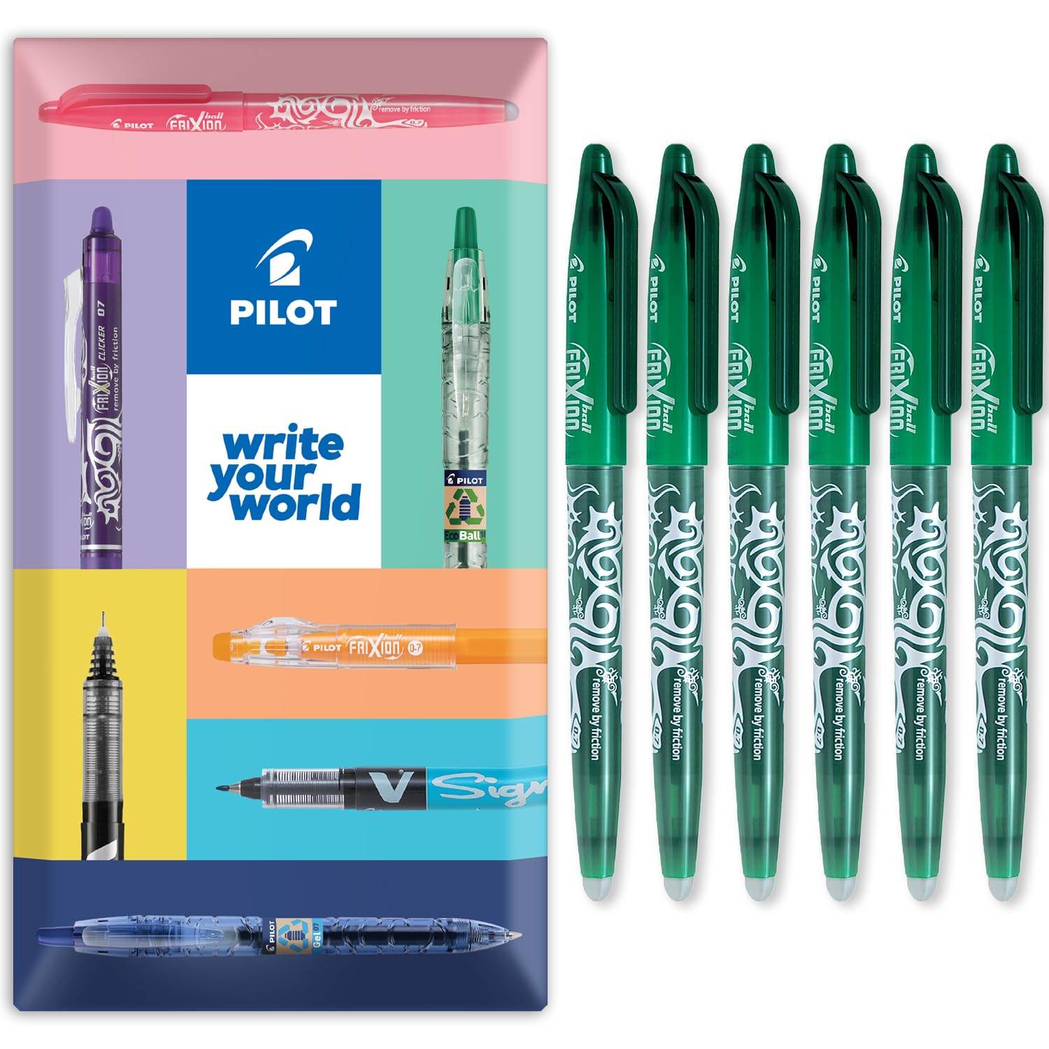 PILOT Frixion Heat/Friction Erasable Rollerball Pen FR7 - Medium Line 0.7mm Tip Nib - In Envelope Gift Packaging - Pack of 6 - Green