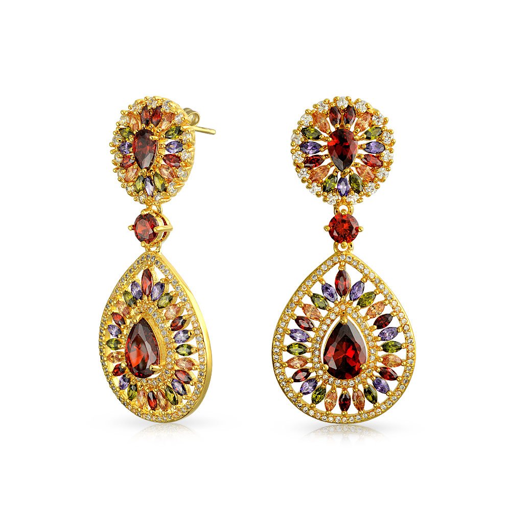 Multicolor Fashion Statement CZ Long Teardrop Dangling Statement Chandelier Earrings For Women Wedding Prom Yellow Gold Plated