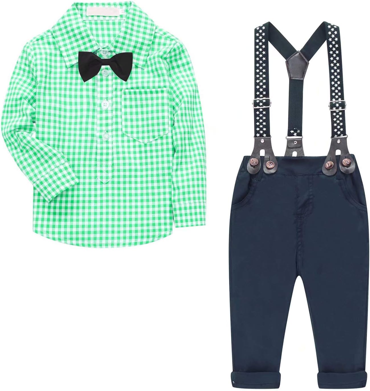Baby & Little Boy Tuxedo Outfit, Plaids Shirt + Suspender Pants