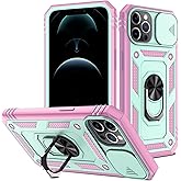 CHLINGNAN for iPhone 13 Pro Max Case with All-Angle Rotating Kickstand & Sliding Camera Cover - Heavy Duty Shockproof Protective Cover, Green Pink