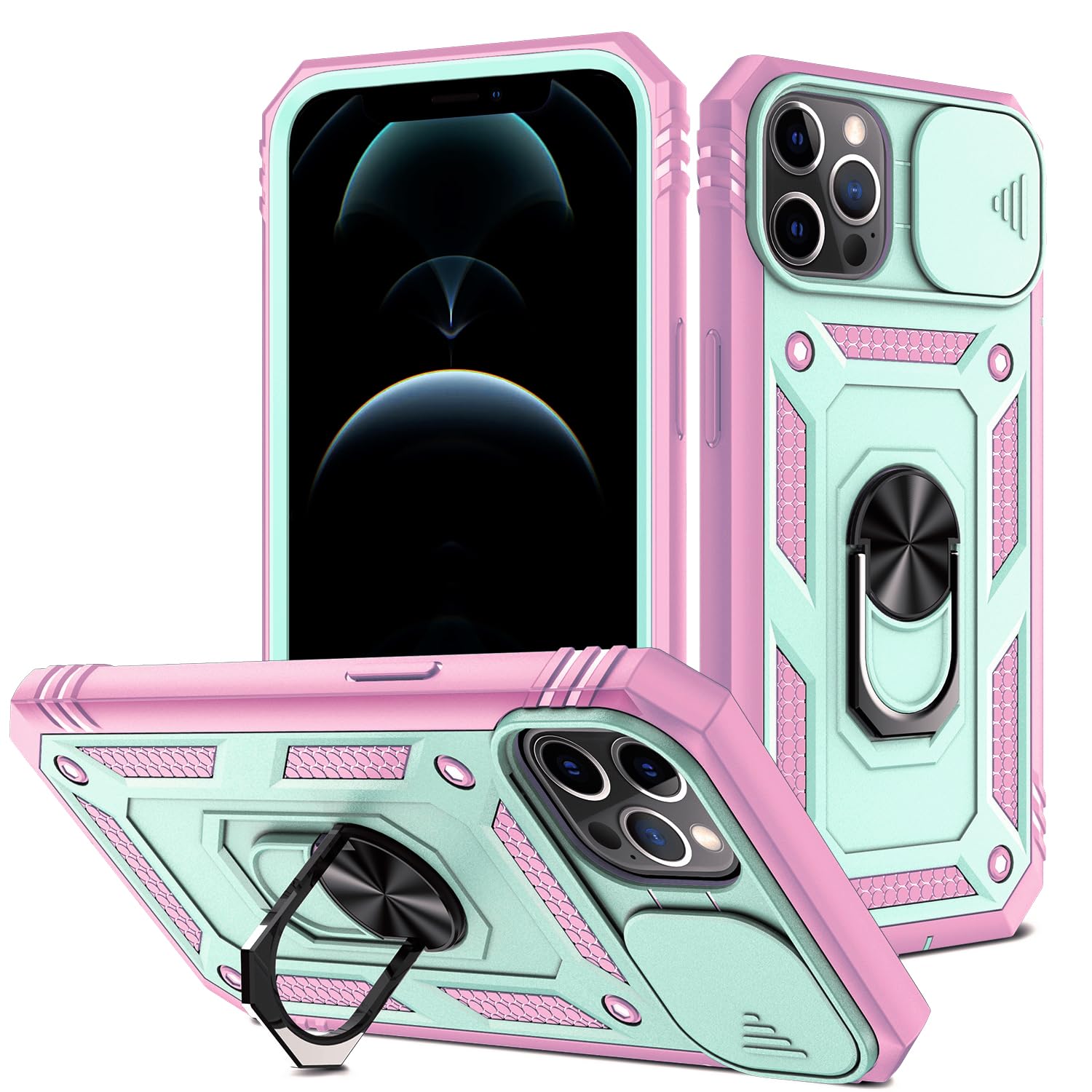 CHLINGNAN for iPhone 13 Pro Case with All-Angle Rotating Kickstand & Sliding Camera Cover - Heavy Duty Shockproof Protective Cover, Green Pink