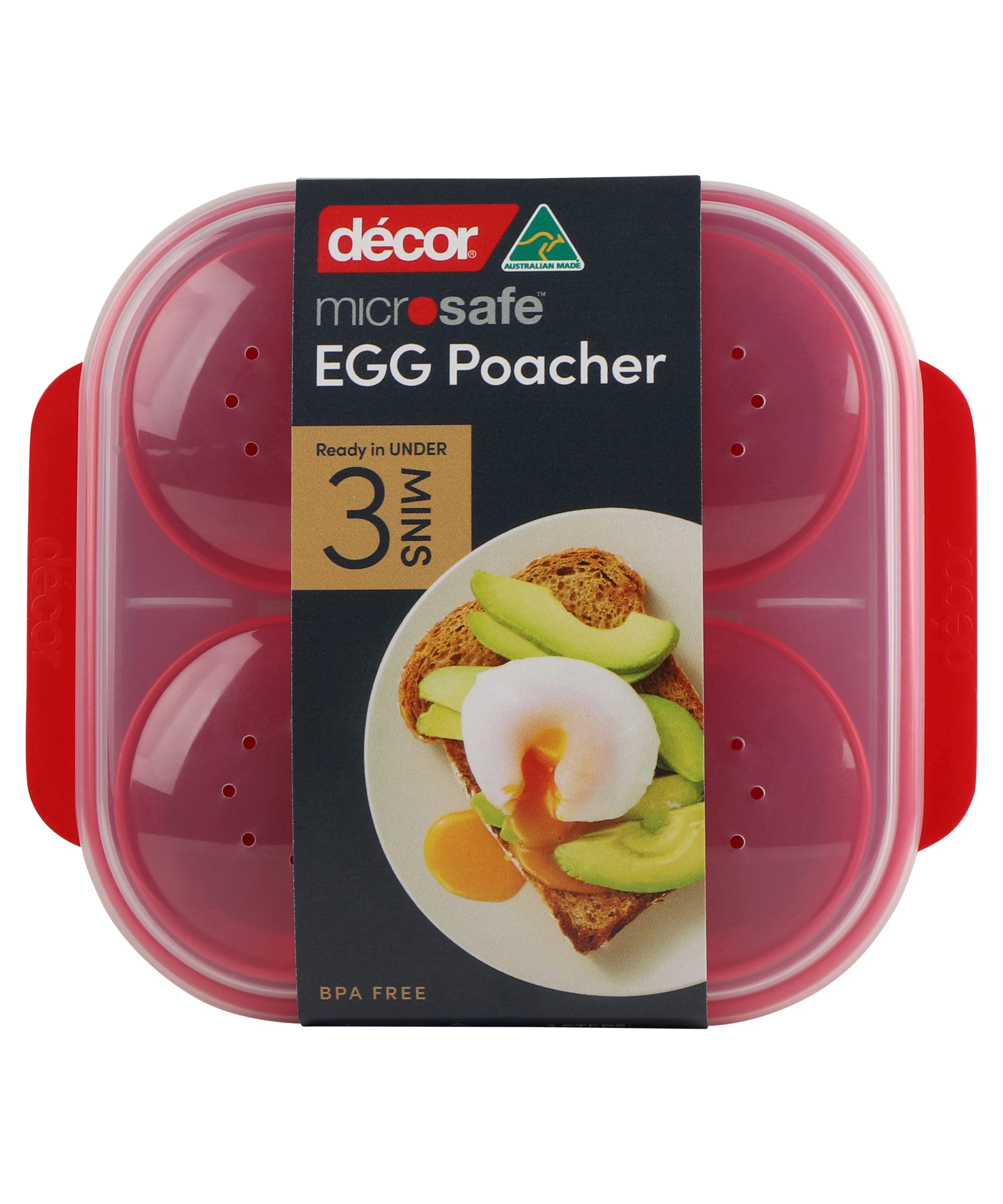 Décor Microsafe Microwave Steam Egg Poacher. Cooks 1-4 Eggs at Once in Under 3 Minutes. BPA Free and Fully Dishwasher and Freezer Safe. with Safety Hold Handles and steam Release Vents. Red. — image 1