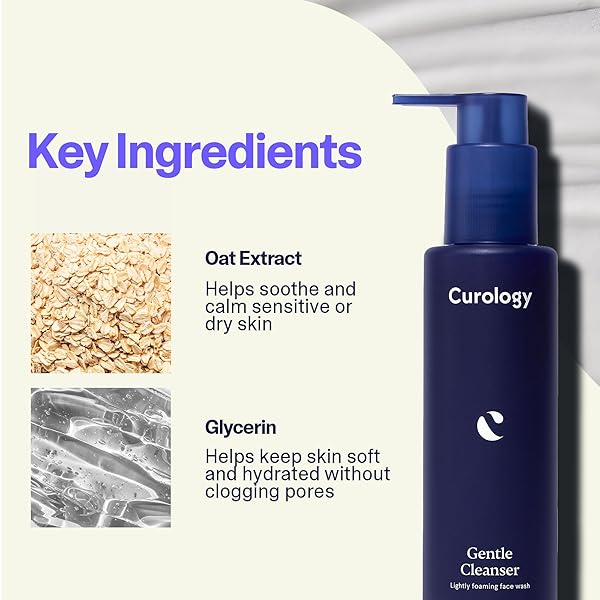 CUROLOGY GENTLE FACIAL CLEANSER, LIGHTLY FOAMING FACE WASH, FOR SENSITIVE, DRY OR OILY SKIN TYPES, HYDRATING GEL TEXTURE, FRAGRANCE FREE SKIN CARE, 5 FL OZ