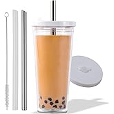 Kensal Home Reusable Boba Cup for Large Size Bubble Tea (24 Oz), Angled Straws, Leak Proof Design, Double Wall Insulated Bubble Tea Cup
