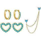 3 Pairs Small Hoop Earrings Set,Heart Turquoise Earrings for Women,18K Gold Plated Stainless Steel Cartilage Earrings for Multiple Piercings,Dainty Chain Earrings Hypoallergenic Jewelry Gift for Her