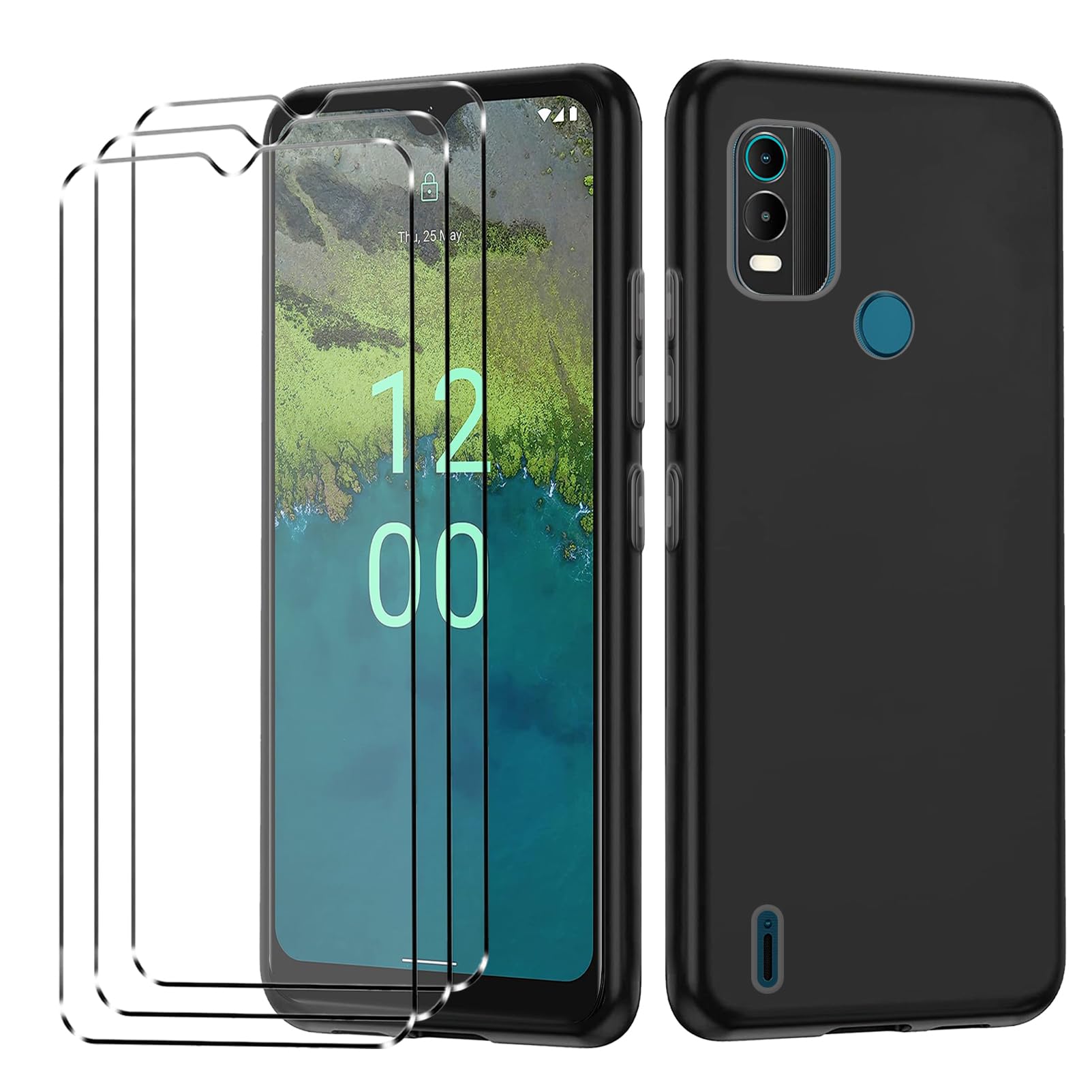 [4 in 1] Case Compatible with Nokia C21 Plus Cover with 3 Pack Tempered Glass Screen Protector for Nokia C21 Plus, Slim Fit Soft TPU Shockproof Anti-Scratch Phone Case Cover - Black