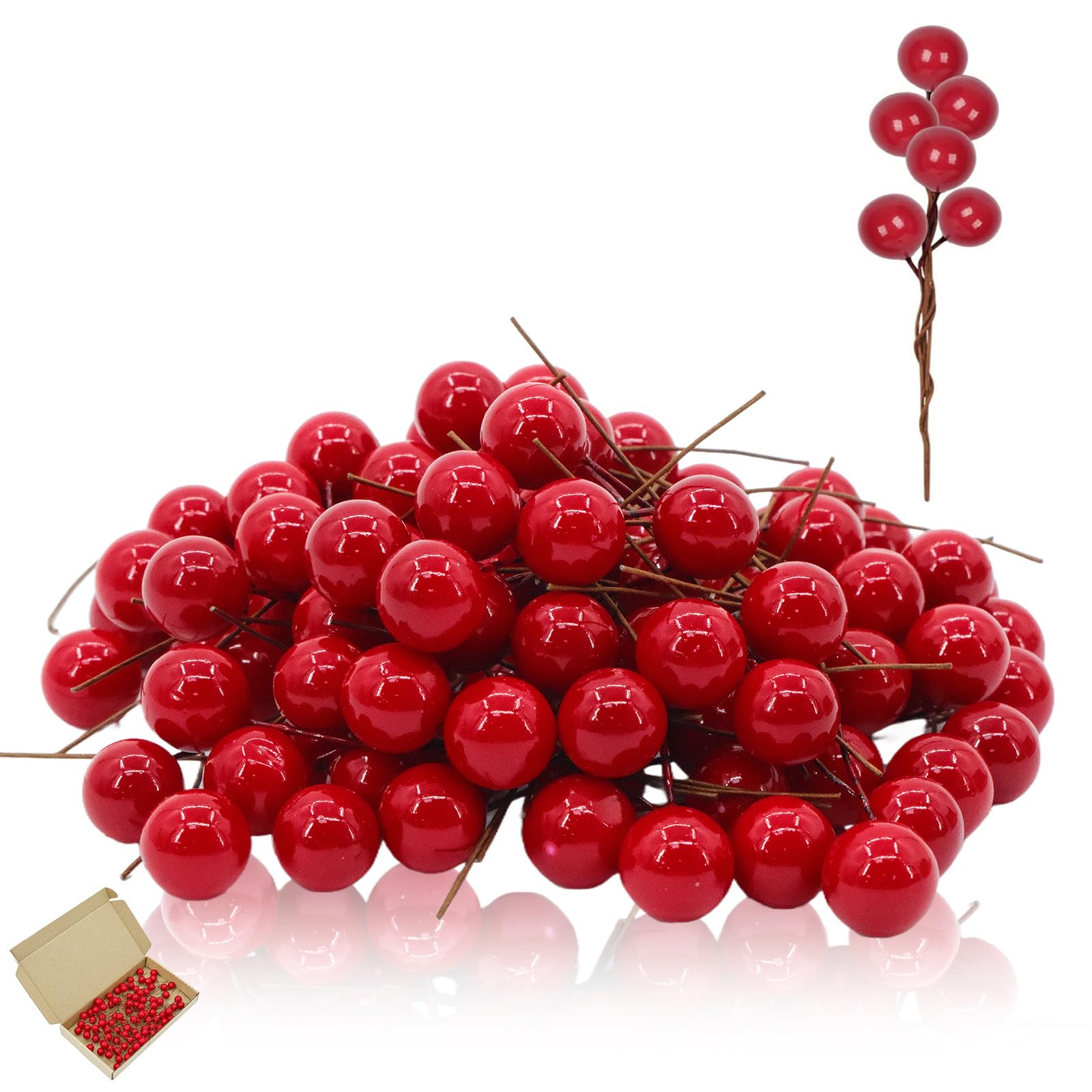 Mienocol 100pcs Christmas Artificial Red Holly Berries Red Berry Twig Stem,Artificial RedBerry Fruits Picks Berry Winter Berries Bunch for Christmas Wreath Making Xmas Tree Decorations Supplies