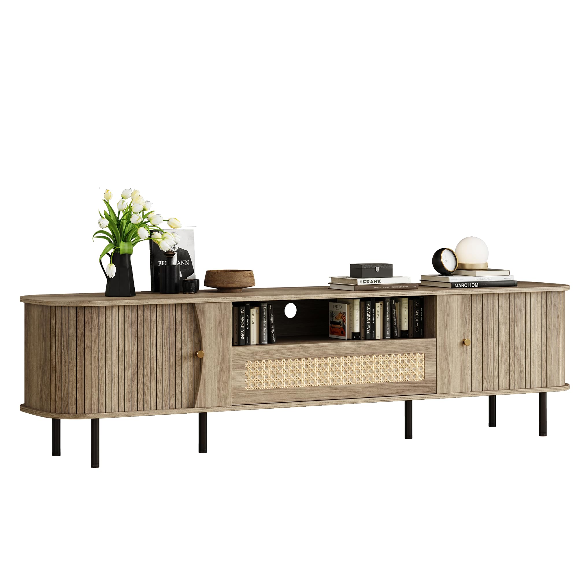 Photo 1 of Fluted TV Stand - Modern Wooden Freestanding Home Entertainment Console, 75" TV Stand with 2 Storage, 2 Shelves-Curved Round Edge TV and Media Console Table Length 78.8 inches Oak
