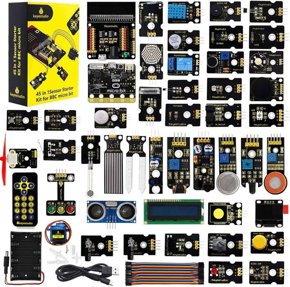 KEYESTUDIO BBC Micro:bit 45 in 1 Sensor Modules with Microbit V2 Board, Breakout Board, I2C LCD, OLED Display, Water Level
