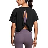 CRZ YOGA Open Back Short Sleeve Crop Top for Women Loose Athletic Yoga Workout Shirts Casual Cropped T-Shirts