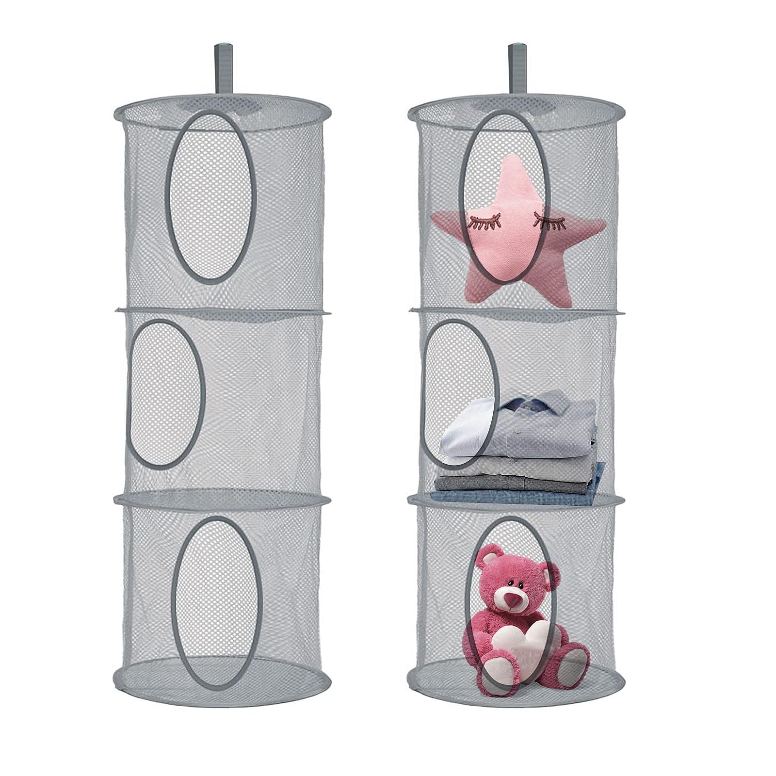 Hanging Toy Storage Net Large, 2PCS 3 Tier Teddy Hammock Toy Mesh Storage Foldable Hanging Storage Organiser for Soft Toys Clothes Sundries, Space Saving (Grey)