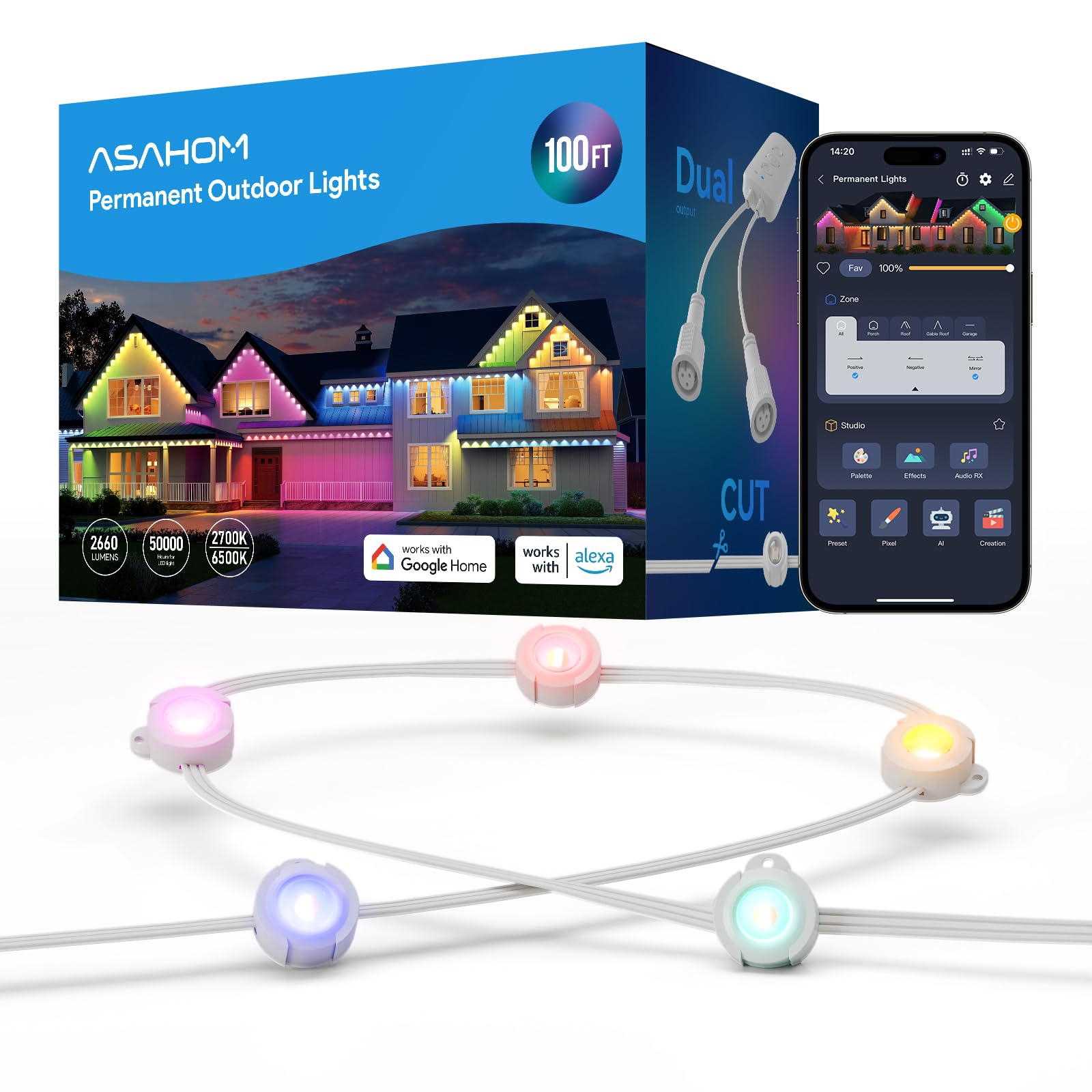 Photo 1 of *UNTESTED*
ASAHOM AI Permanent Outdoor Lights S107B, 100FT with 72 RGBCW LED Lights, 30,000 Lighting Effect, Controller with Dual Output, Extend to 800FT, Cuttable for House Outdoor Decor Daily Lighting, White