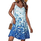 JOELLYUS Summer Dresses for Women Spaghetti Strap Button Down Casual Sundress Beach Cover Up Dress with Pockets