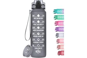 MEITAGIE Reusable Water Bottle, 1 Litre Water Bottle, BPA-Free Tritan Plastic Sports Bottle, with Filter and Time Marker, for Children and Adults, Home and Outdoor, Grey