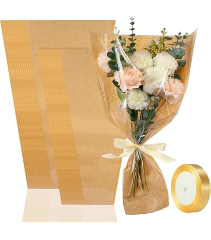 Tchrules 50 Piezas De Papel De Regalo De Ramo De Flores Con Cinta, Fundas De Flores Kraft Para Ramos, Bolsas De Embalaje Florales Marrones A Granel Para El Día De San