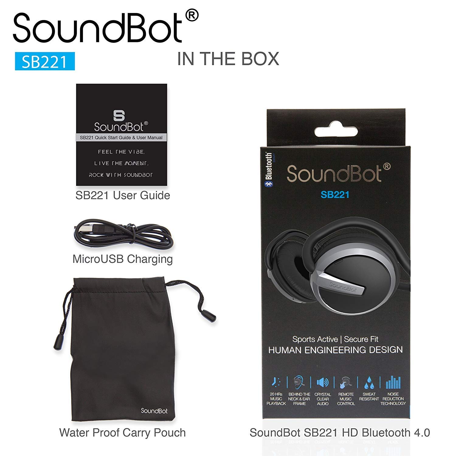 Soundbot SB221 HD Wireless Bluetooth 4.0 Sports-Active Headphones for 20Hrs Music Streaming & 25Hrs HandsFree Calling with Sweat Resistant Ergonomic Secure-Fit Design & Voice Command Support, Black