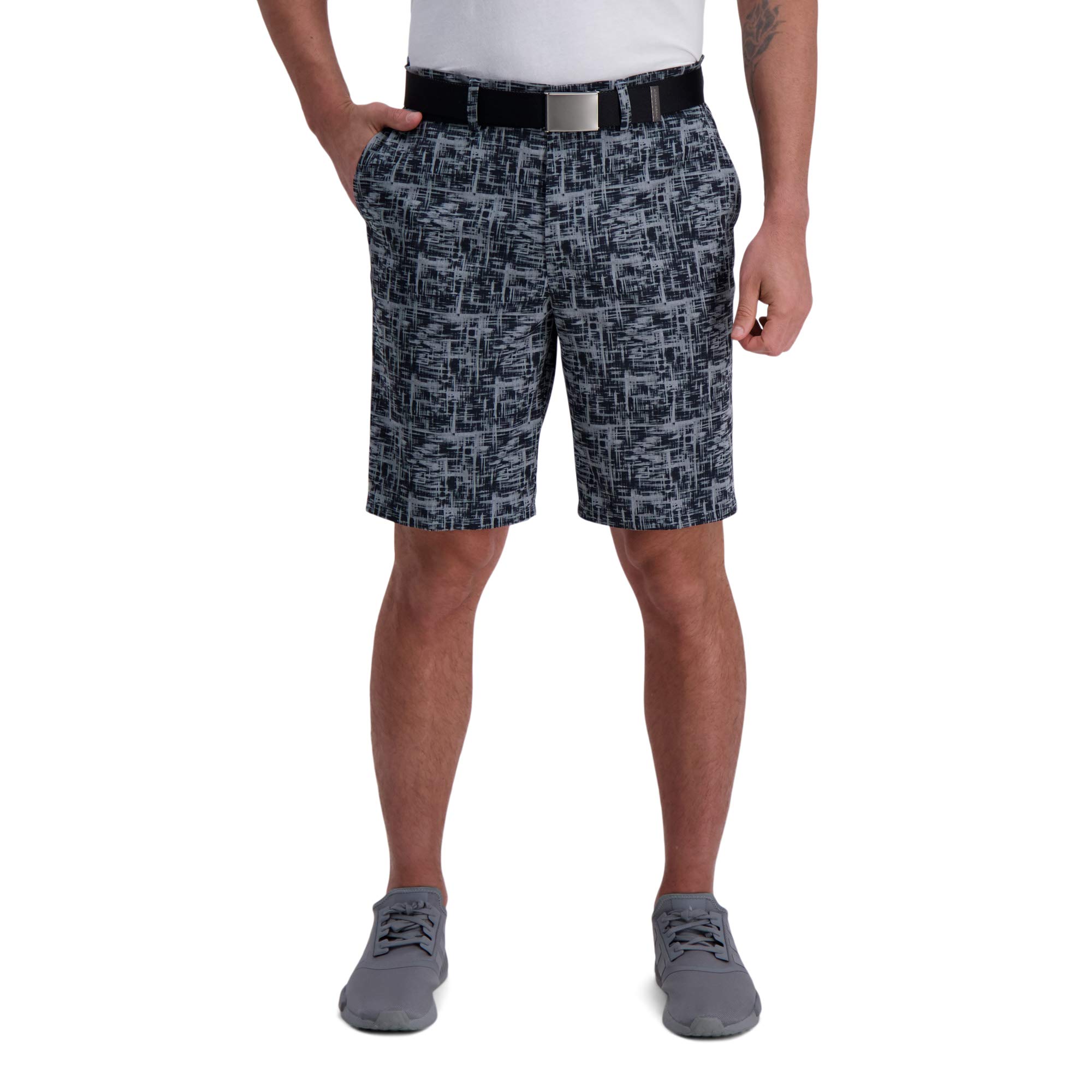 Haggar Mens in Motion Melange Flat Front Slim Fit Active Casual Shorts, Black Watercolor, 32 US