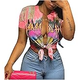 Bornpom Women Sexy Graphic Tees Low Cut V Neck Tops Fringe Short Sleeve Shirts Knot Front Tops