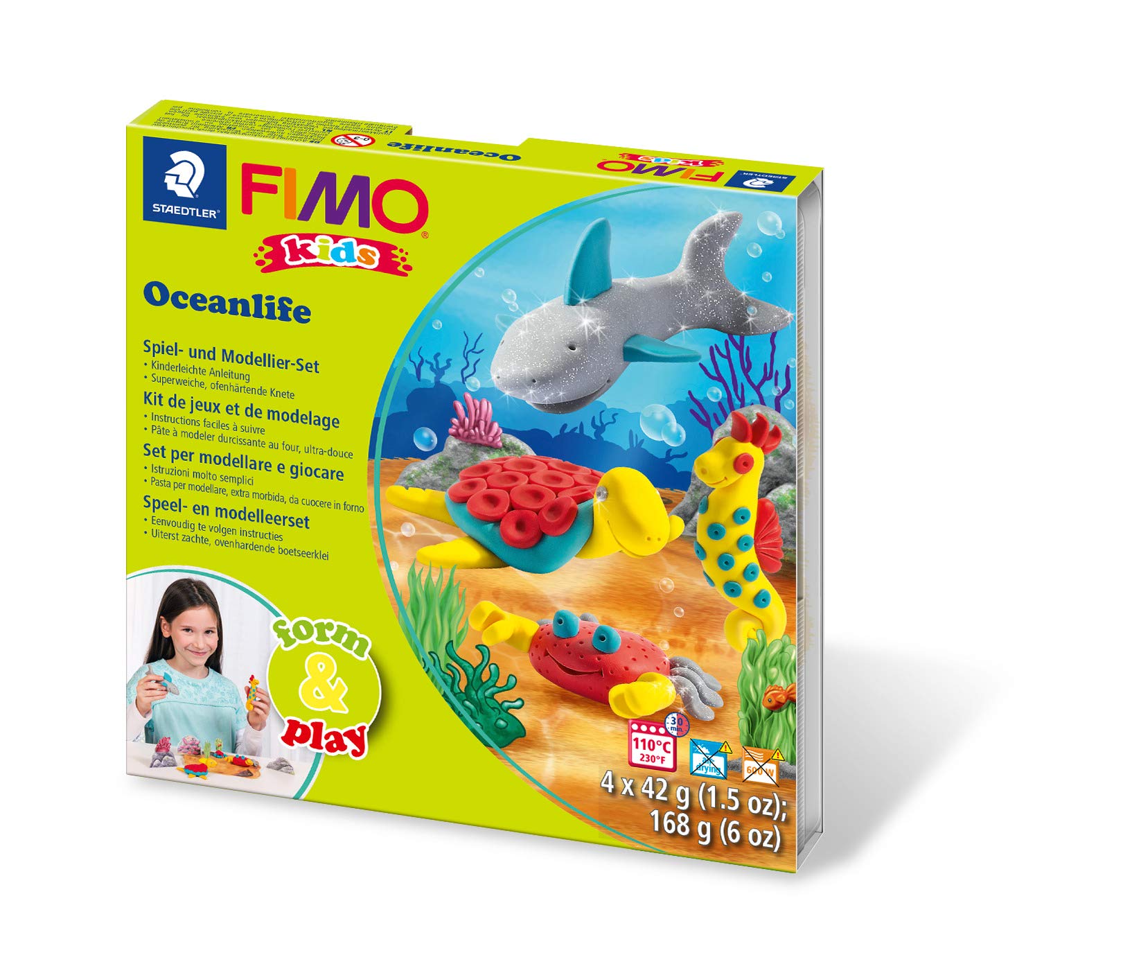 Staedtler 8034 14 LY Fimo Kids Form & Play Set Seaworld (Super Soft, Oven-Hardening Clay, Easy Instructions, Resealable Box, Set of 4 Fimo Blocks, 1 Modelling Stick and 1 Play Backdrop)