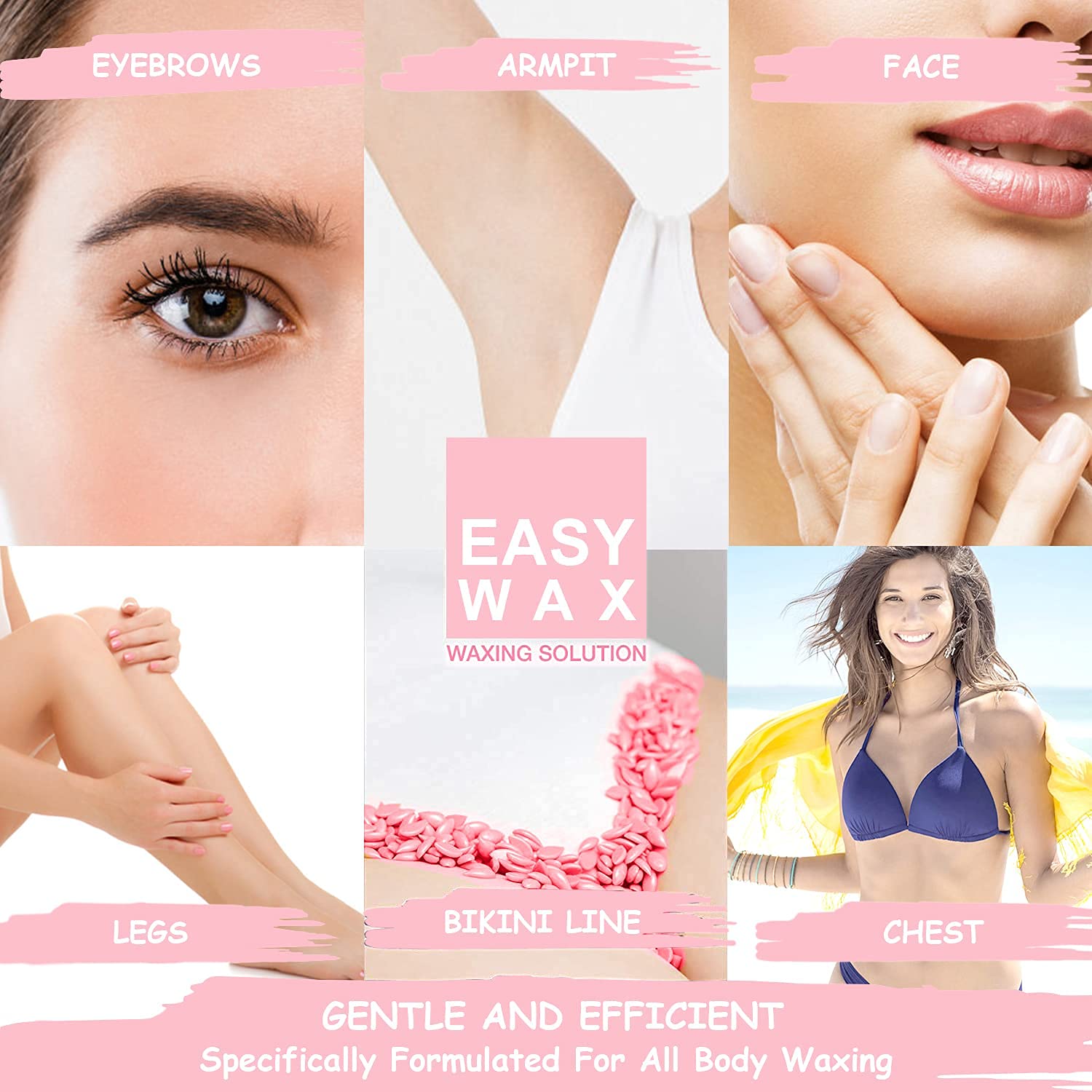 Painless Hard Wax Beans for Hair Removal, 10.5oz Upgraded Formula for Face, Eyebrow, Brazilian Bikini with 10 Applicators (3 Rose)