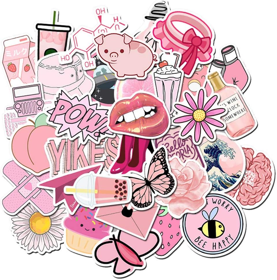 Sticker for Water Bottle Laptop Pink 50pcs, Waterproof Lovely Stickers Vinyl for Trendy Kids/Teen Computer Skateboard Luggage Decal Graffiti Patches Decal (Pink)