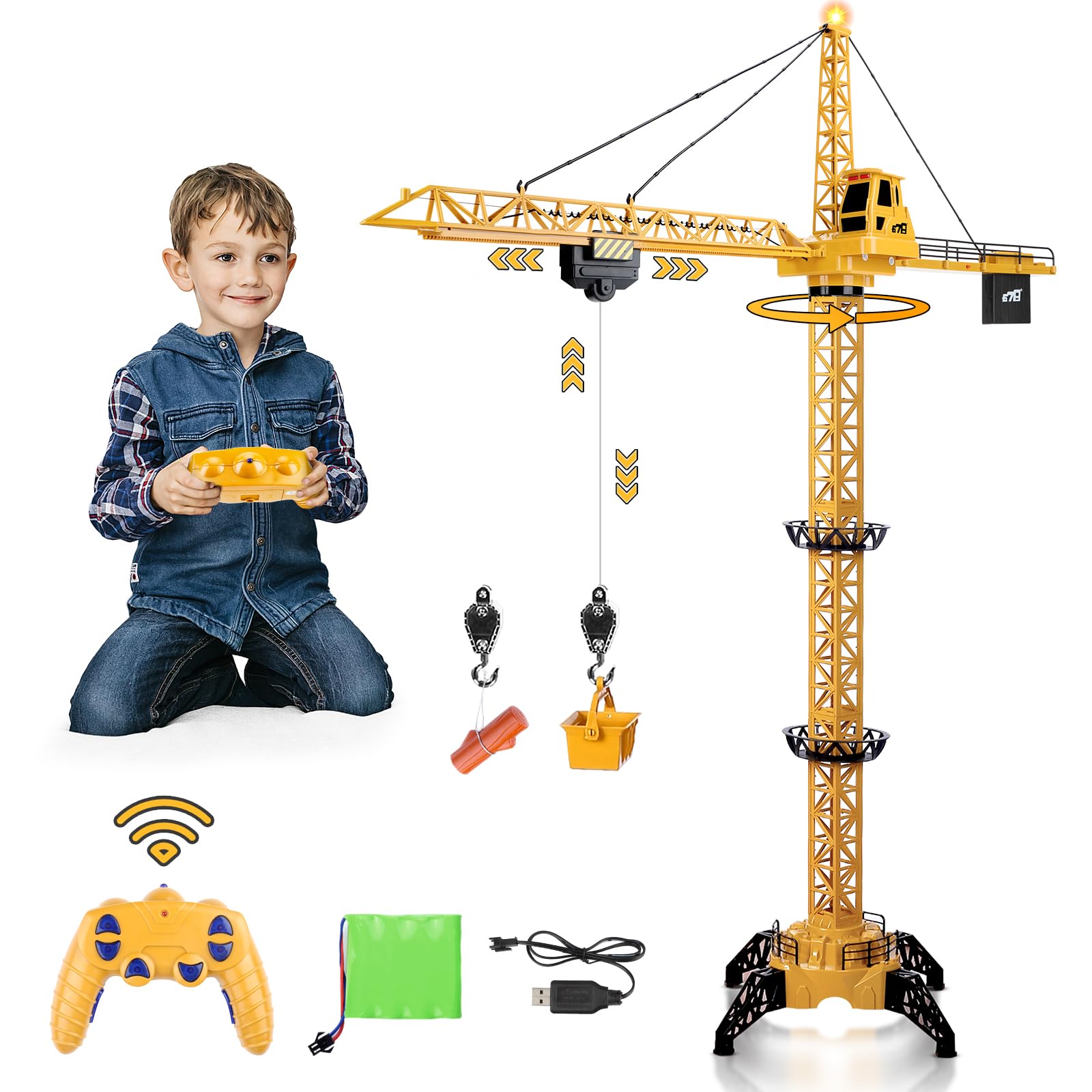 deAO Remote Control Crane Toy for Kids, 2.4G RC Construction Vehicle with Sound and Lights, Electric Crane Tower Toy with 680° Rotation & Adjustable Height for Boys Girls Ages 3+