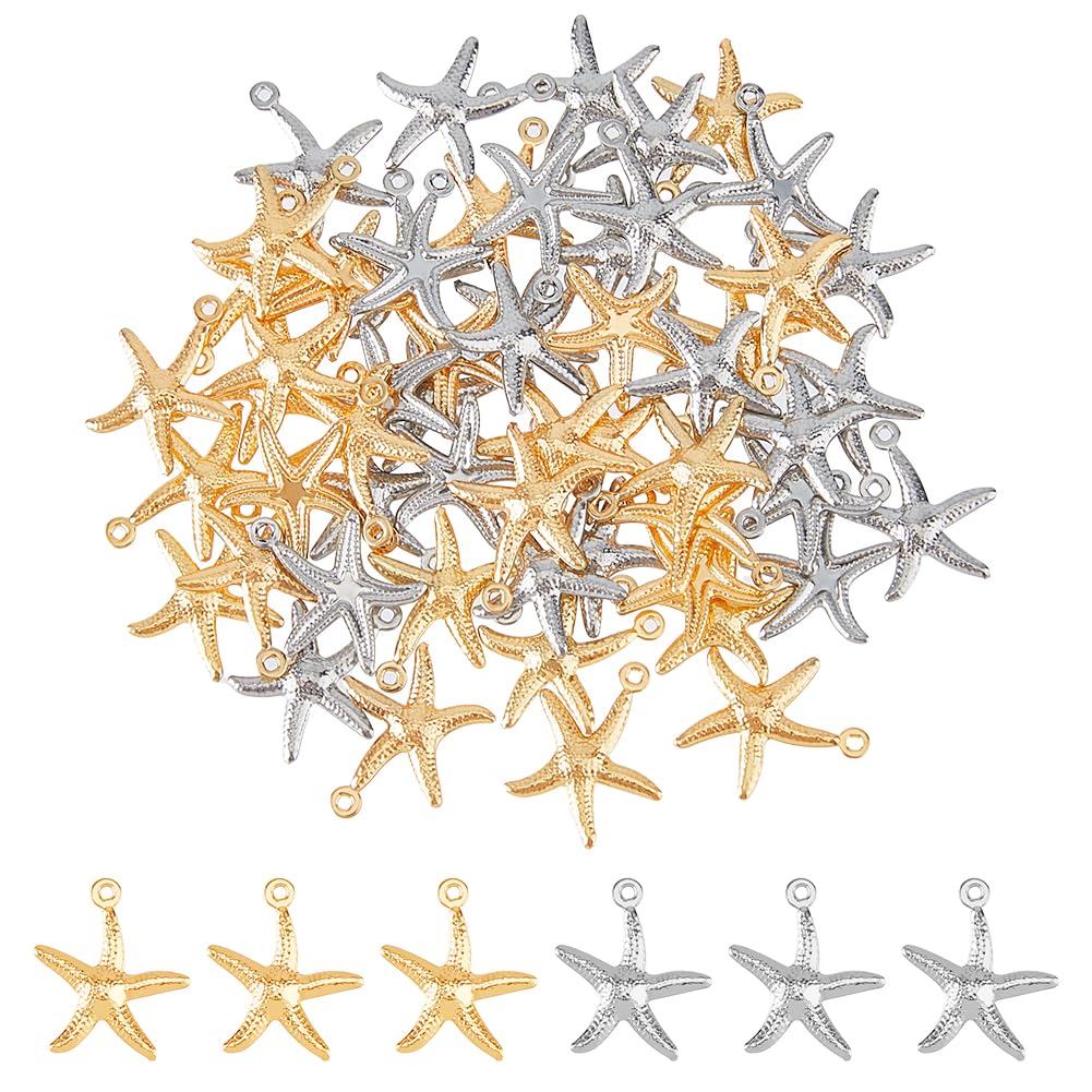 DICOSMETIC 60Pcs 2 Colors Starfish Charms Stainless Steel Summer Charms Ocean Animal Charms Marine Life Pendants for Jewelry Making, Hole: 1.2mm