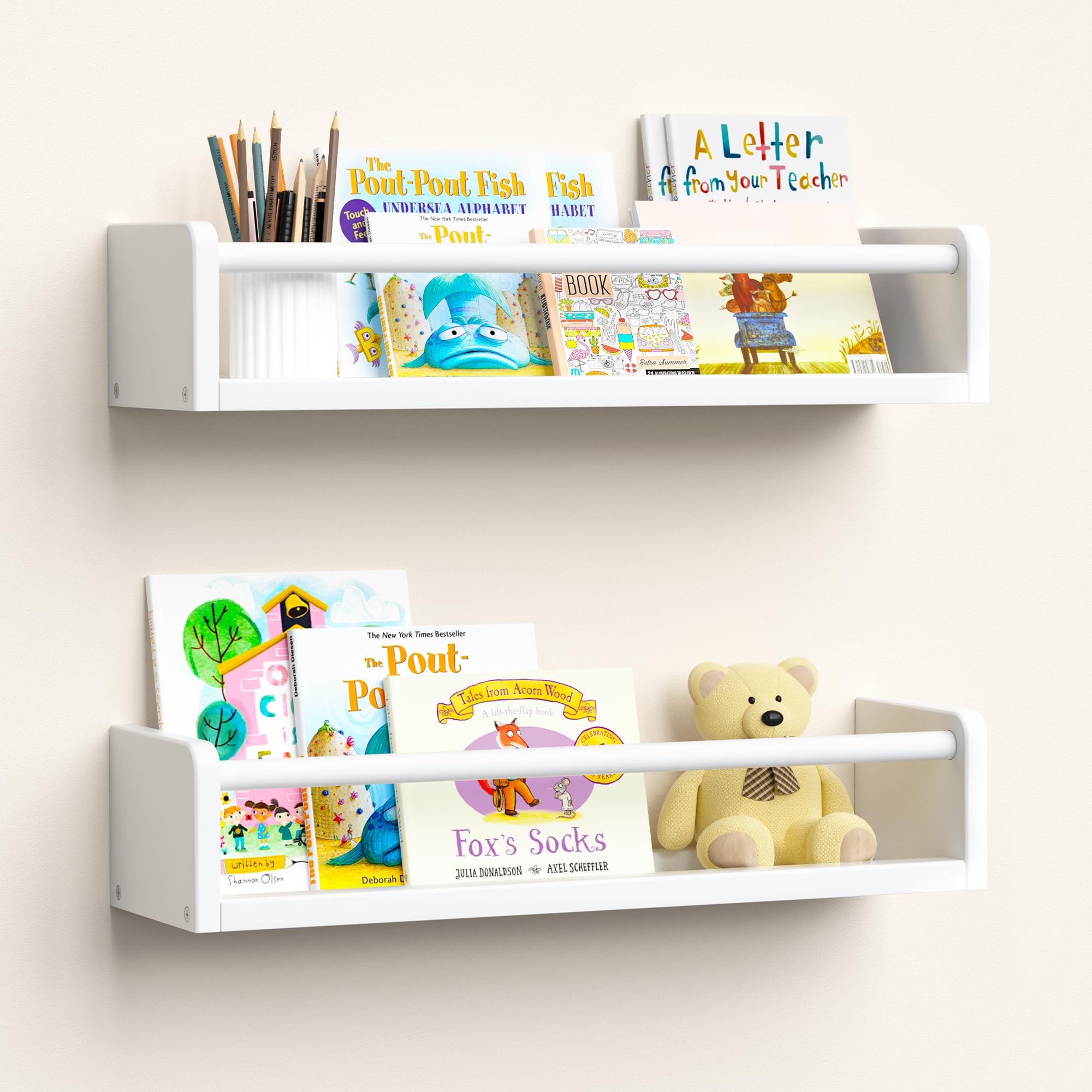 Photo 1 of upsimples 2 Pack Nursery Book Shelves, 15.7 Inch Floating Bookshelves for Wall, Baby Nursery Decor, Small Solid Wood Wall Mounted Shelves for Baby Kids Boys Girls, White