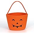 BinWhiz Halloween Candy Bucket, 6 x 6 Inch Portable Trick-or-Treat Basket, Cotton Rope Woven Smiley Basket, Orange