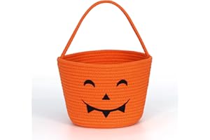 BinWhiz Halloween Candy Bucket, 8 x 9 Inch Portable Trick-or-Treat Basket, Cotton Rope Woven Smiley Basket, Orange