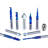 FoxAlien 1/4" Shank 3D Carving Router Bits Set, Includes 1/4" ER11 Collet, V-Groove Bits, Spiral End Mills, Tapered Bit for W