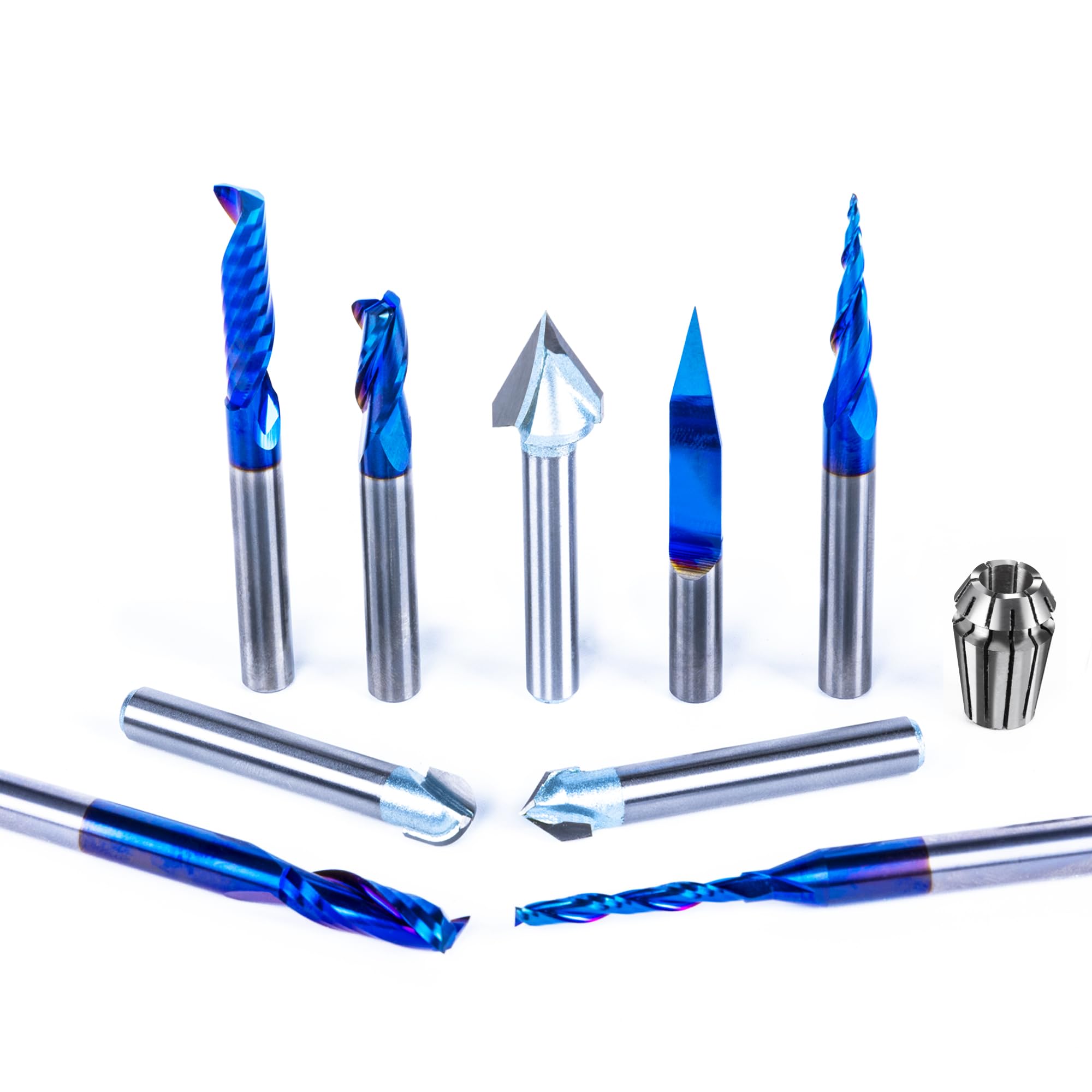 FoxAlien 1/4" Shank CNC Router Bits Set for Relief Carving Includes 1/4" ER11 Collet, V-Groove Bits, Spiral End Mills, Tapered Bit for Woodworking Lettering Sign Making (10-in-1)