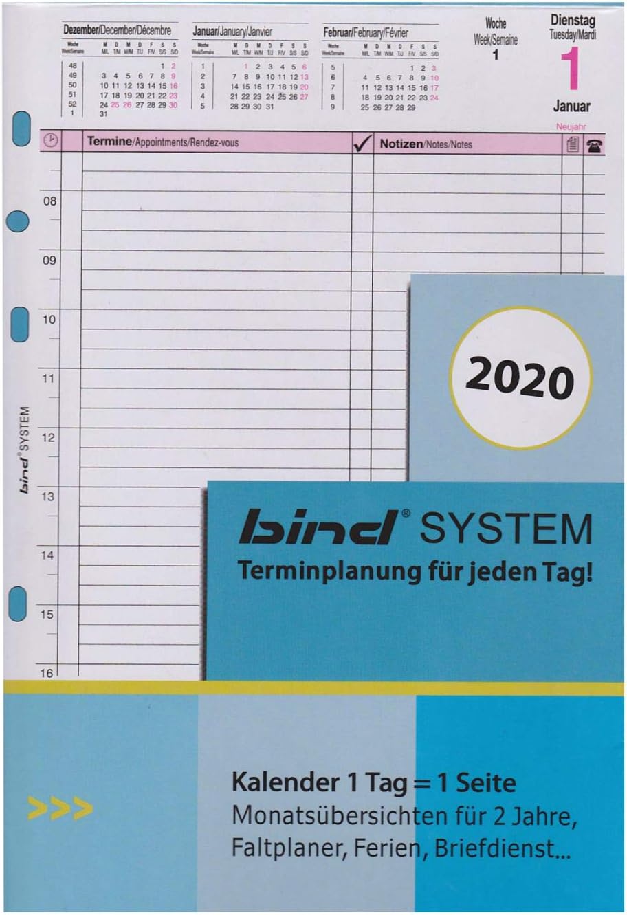 Bind B550320 – Calendar Insert for A5 – Year 2020, 1 Day/1 Page, Diary with System