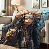HUNXIAOJ Native American Blanket Feather Headdress Print Blanket Indian Flannel Throw Gifts for Women Girls Adults Couch Sofa Bed (49"x59")