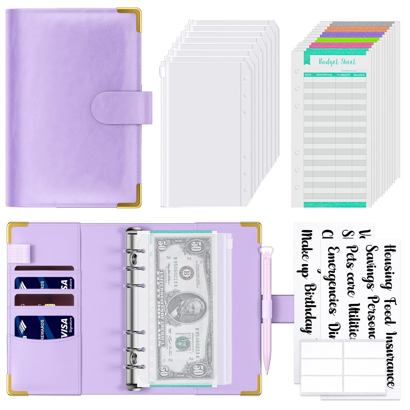 Hnogri Budget Binder with Zipper Envelopes, A6 Money Saving Binder Cash Envelopes for Budgeting, PU Leather Budget Planner Money Organizer for Cash Bills, Floral Budget Wallet for Women, Purple