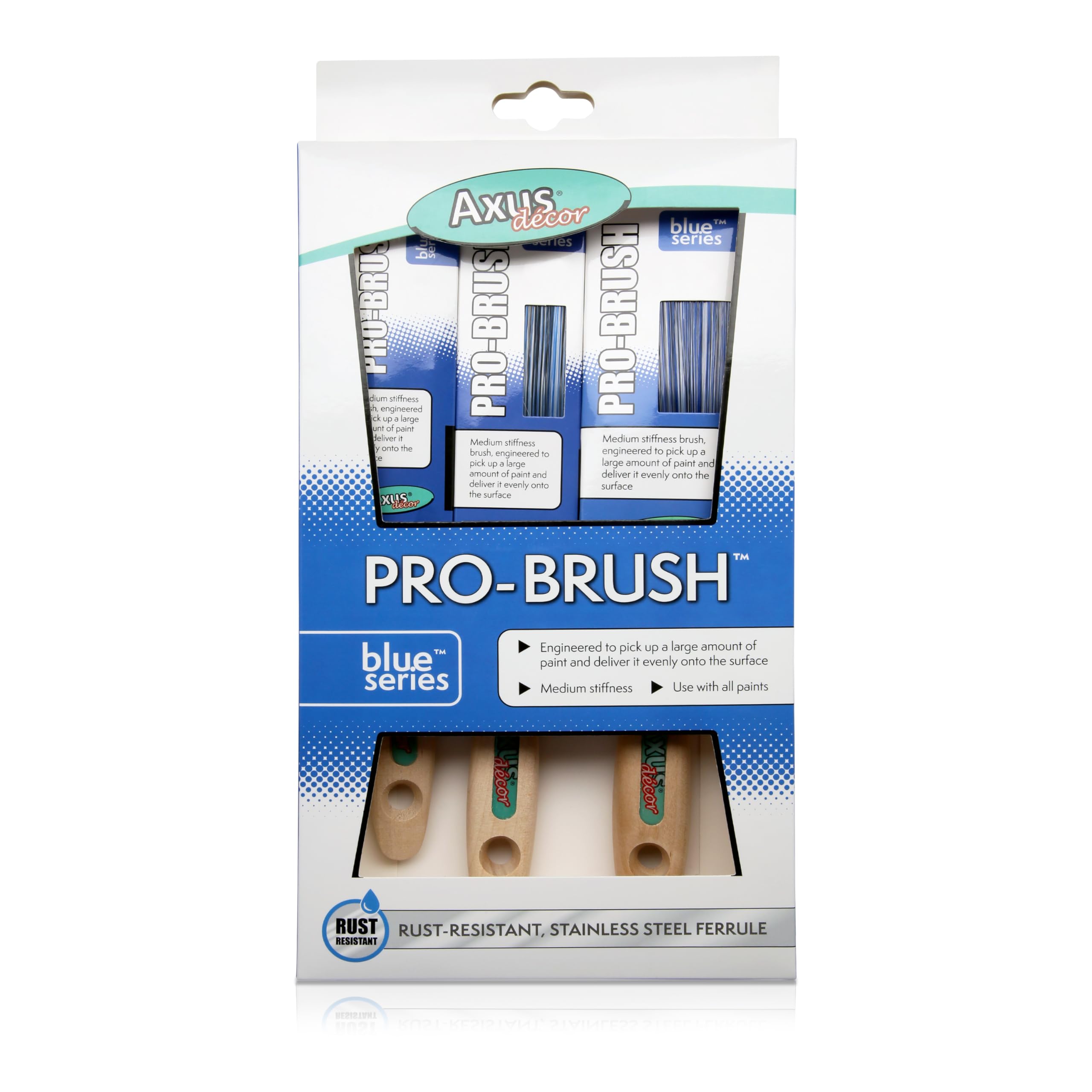 Axus Decor Pro Paint Brushes (blue) Set Of 3-1", 1.5", 2"mm - Paint Brush Set For Synthetic Filaments, Beavertail Handles, Rust-resistant Stainless Steel, Compatible With Brushmate Vapour Boxes