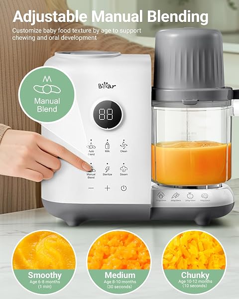 BEAR BABY FOOD MAKER WITH 18.5OZ DUAL-LAYER STEAM BASKETS, ONESTEP BABY FOOD PROCESSOR STEAMER PUREE BLENDER GRINDER MILLS, AUTO COOKING GRINDING&STERILI-ZING FOR HEALTHY HOMEMADE BABY FOOD, BPA-FREE