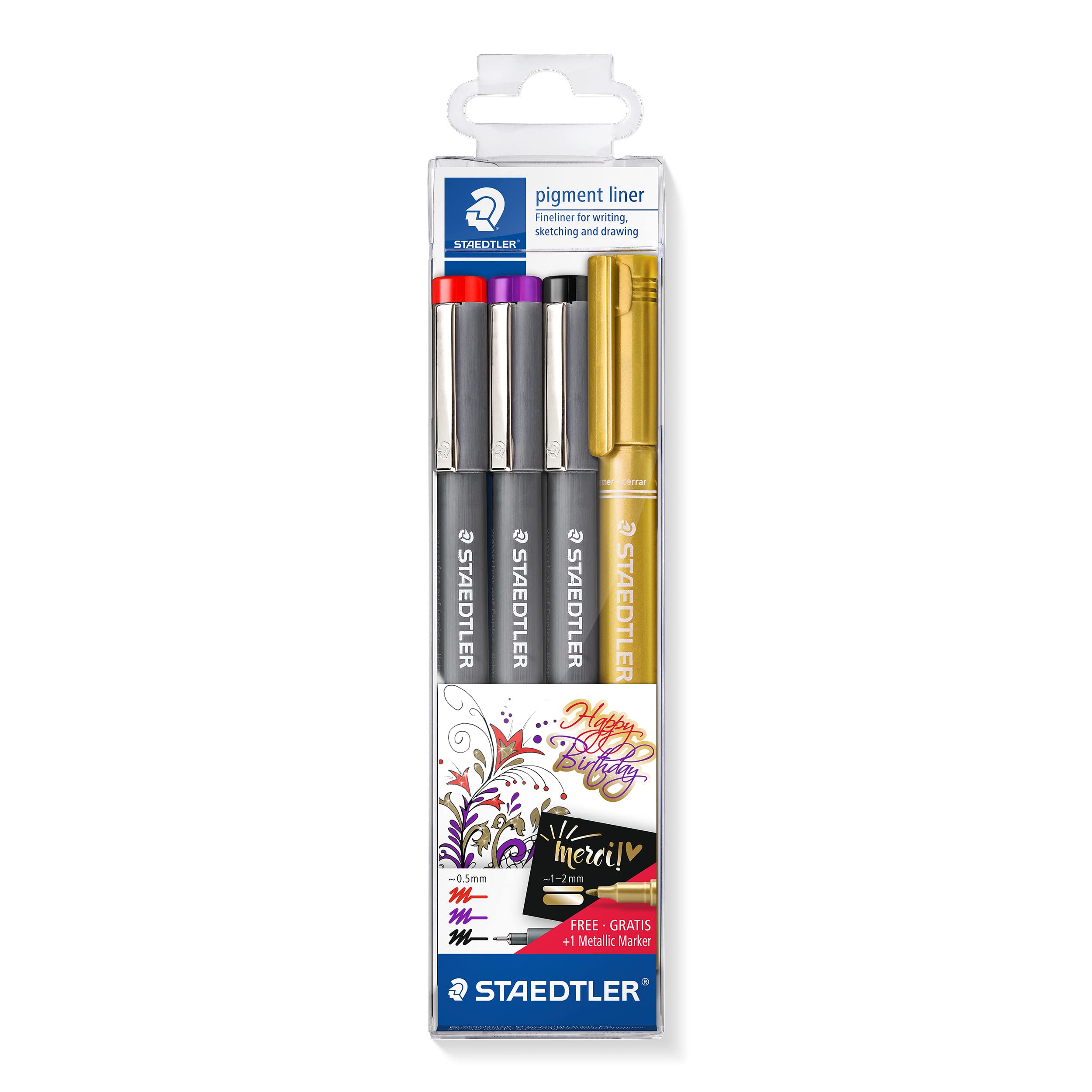 STAEDTLER 308 SWP3P Pigment Liner Fineliner Pens and Free Metallic Marker - Assorted Colours (Pack of 4)