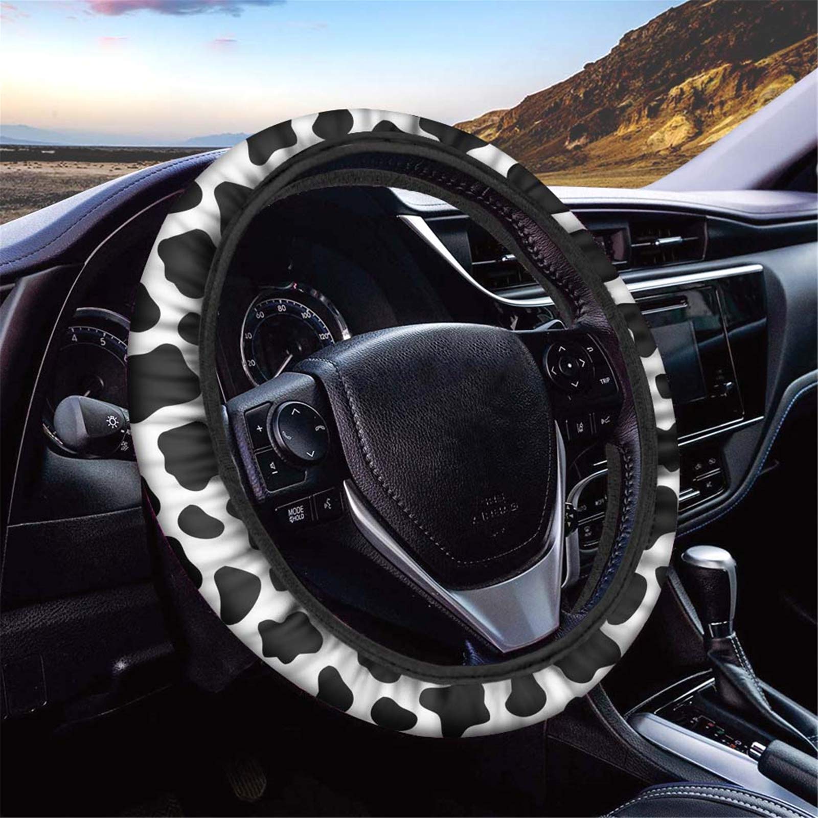 SEANATIVE Sweat Absorption Breathable Universal Car Steering Wheel Protector Cow Print 15 Inch Anti-slip Durable Car Accessories